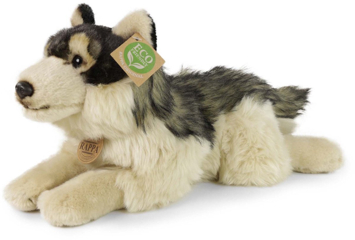 Rappa ECO knuffel wolf 35 cm - realistische knuffel van recyclede PET flessen - zwart creme