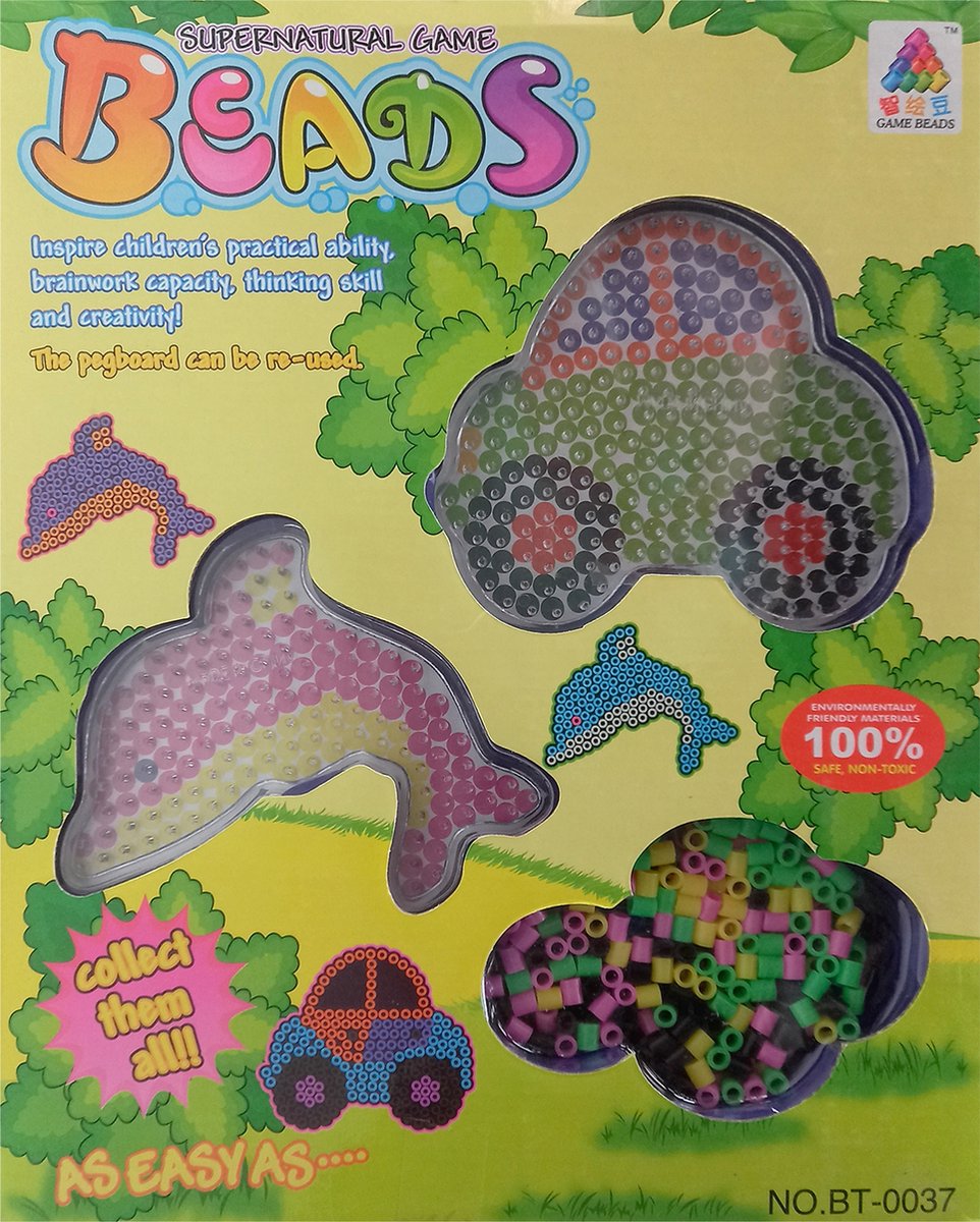 Strijkkralen kleine startset - 2 legborden en 380 kralen in verschillende kleuren - herbruikbare legborden in de vorm van auto en dolfijn