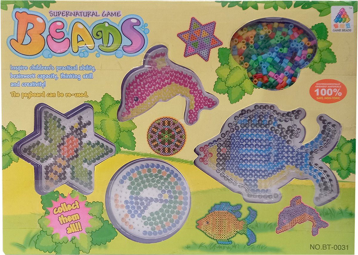 Strijkkralen startset - 4 legborden en 750 kralen in verschillende kleuren - herbruikbare legborden in de vorm van ster vis dolfijn cirkel