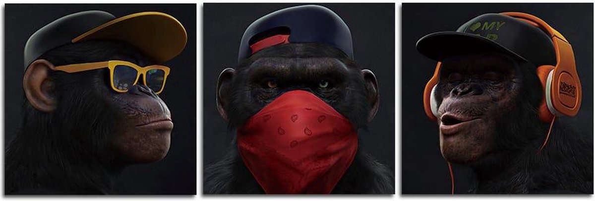 Swag Monkeys Trio Canvas schilderij met frame. Afmeting 40x40