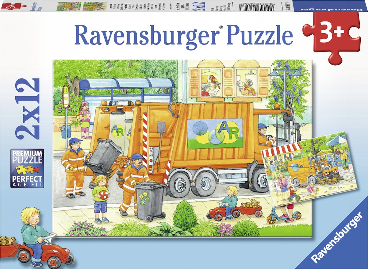   puzzel Onderweg met de vuilniswagen en veegmachine - Twee puzzels - 12 stukjes - kinderpuzzel
