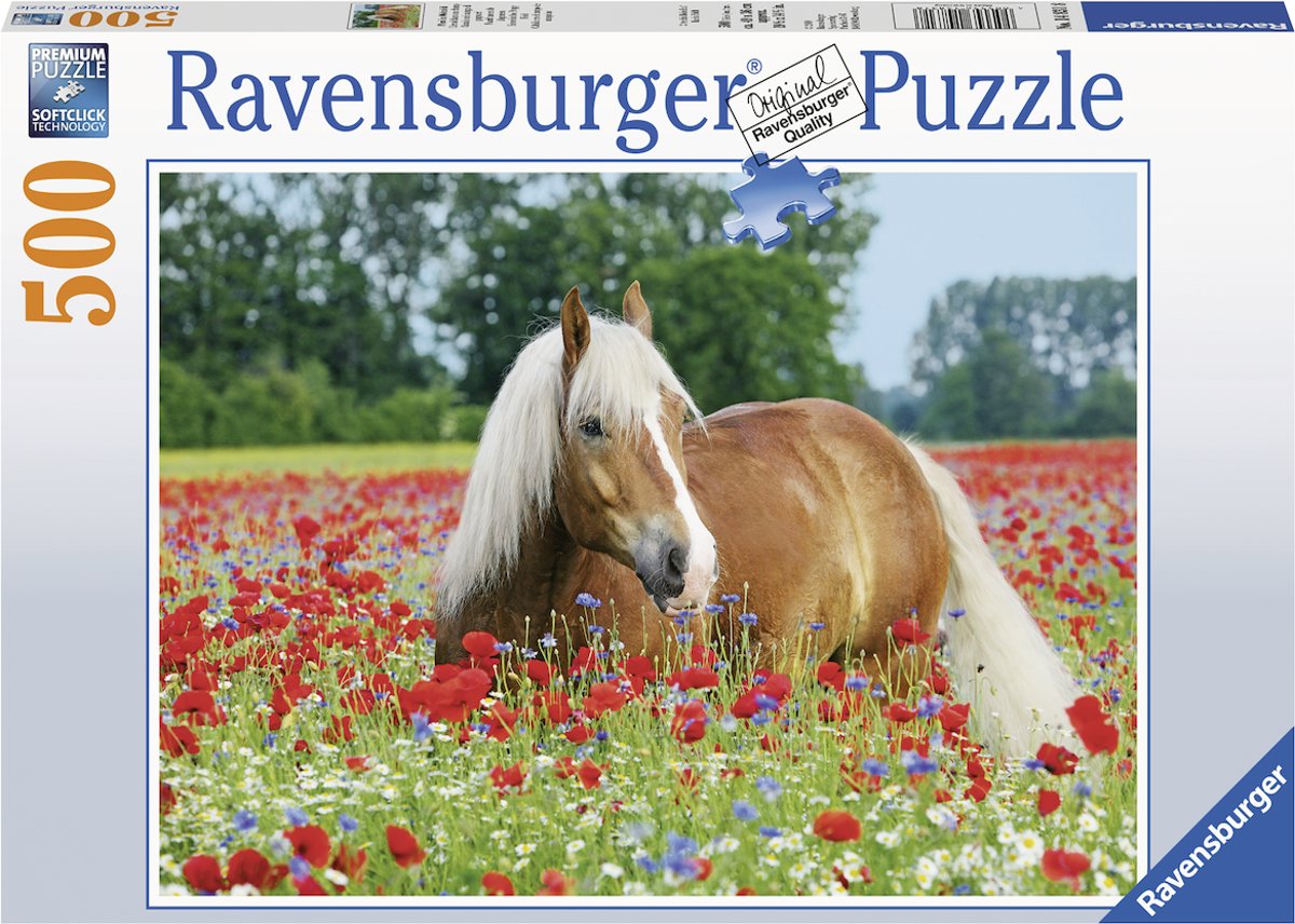  puzzel Paard tussen de klaprozen - legpuzzel - 500 stukjes