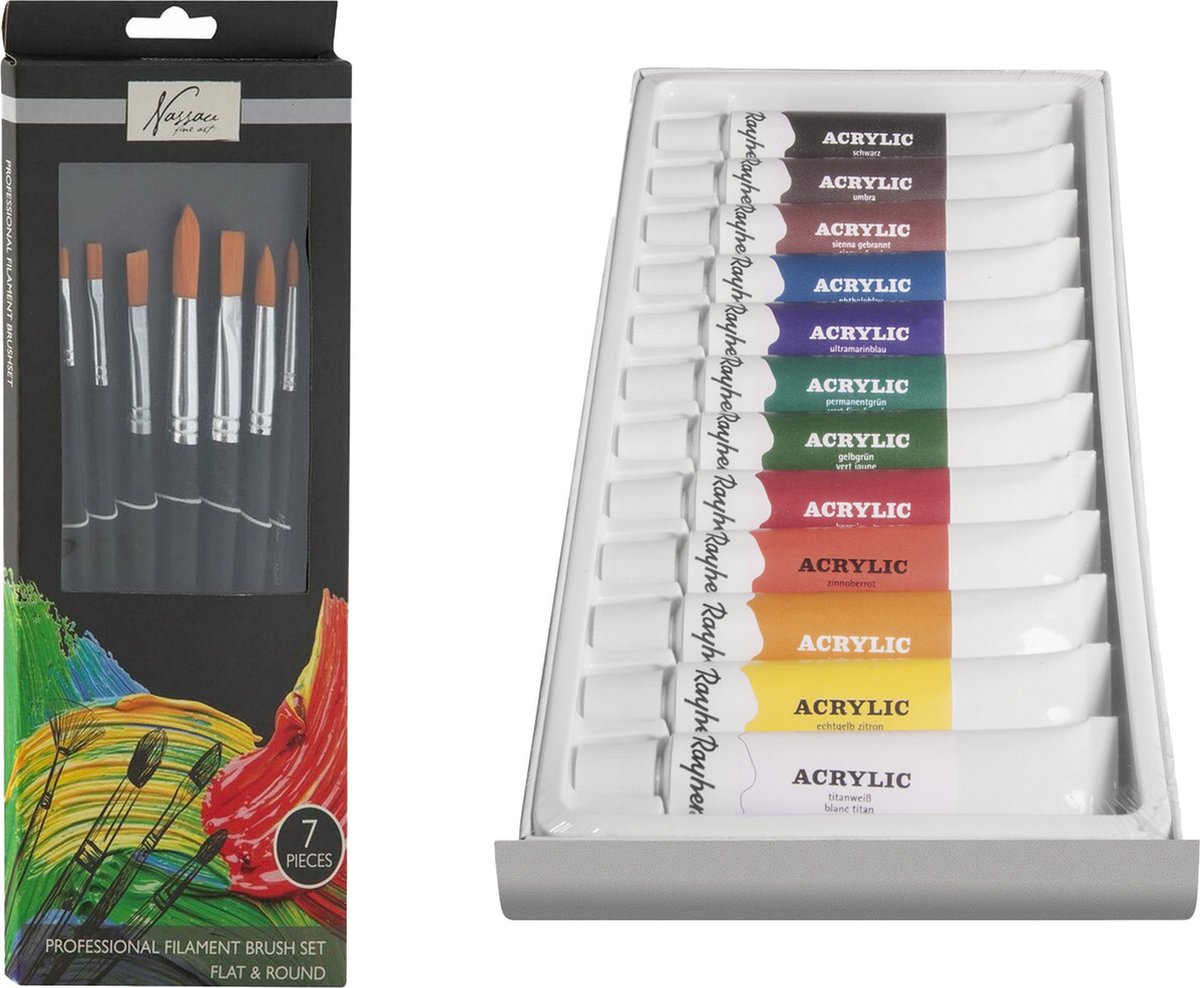 Rayher Hobby Acrylverf schilderset - 12x gekleurde tubes van 12 ml - met 7x schilderpenselen