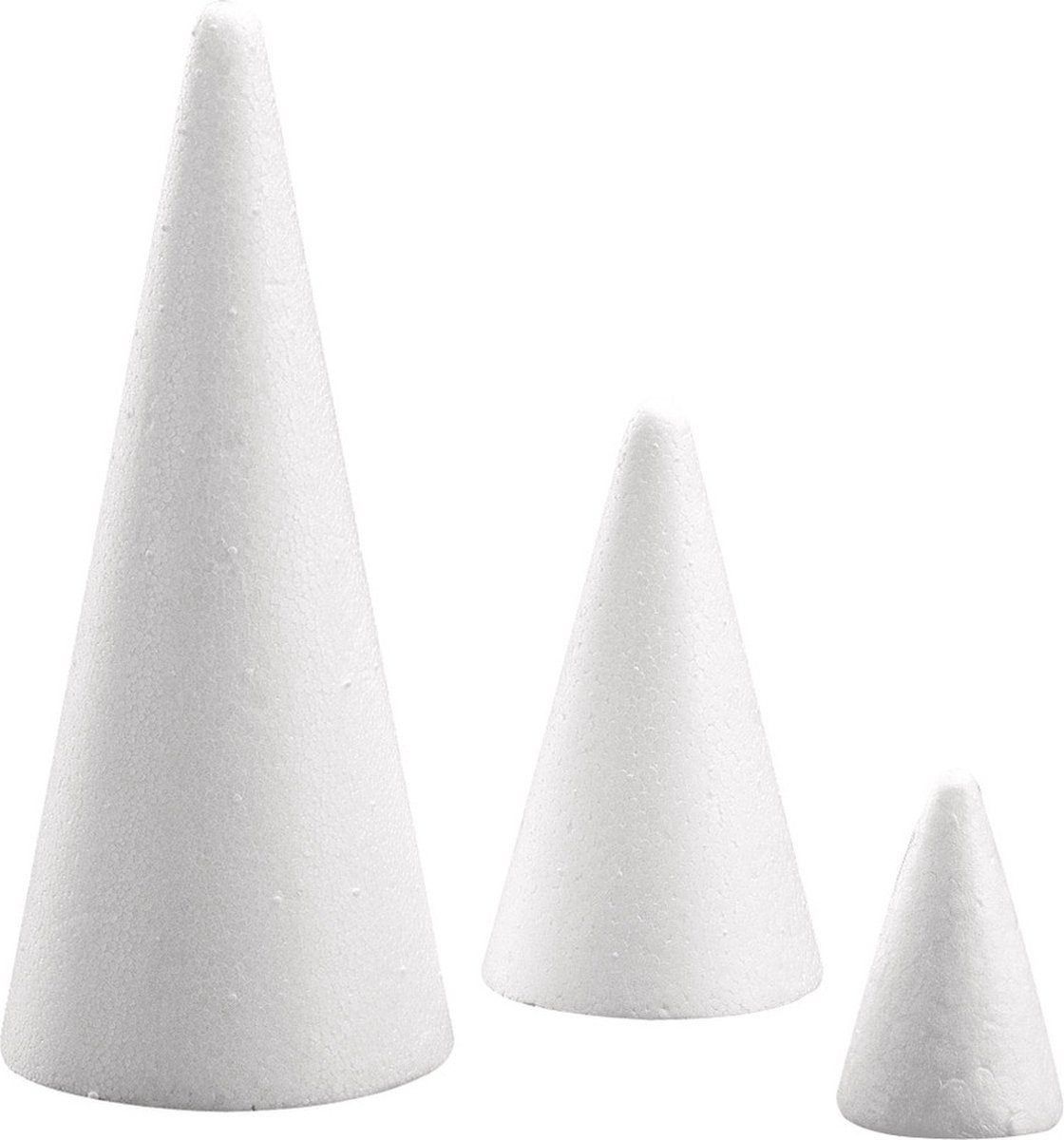 Rayher Piepschuim vorm/figuur spitse kegels - set van 3x - wit - H12/21/28 cm - Hobby materialen