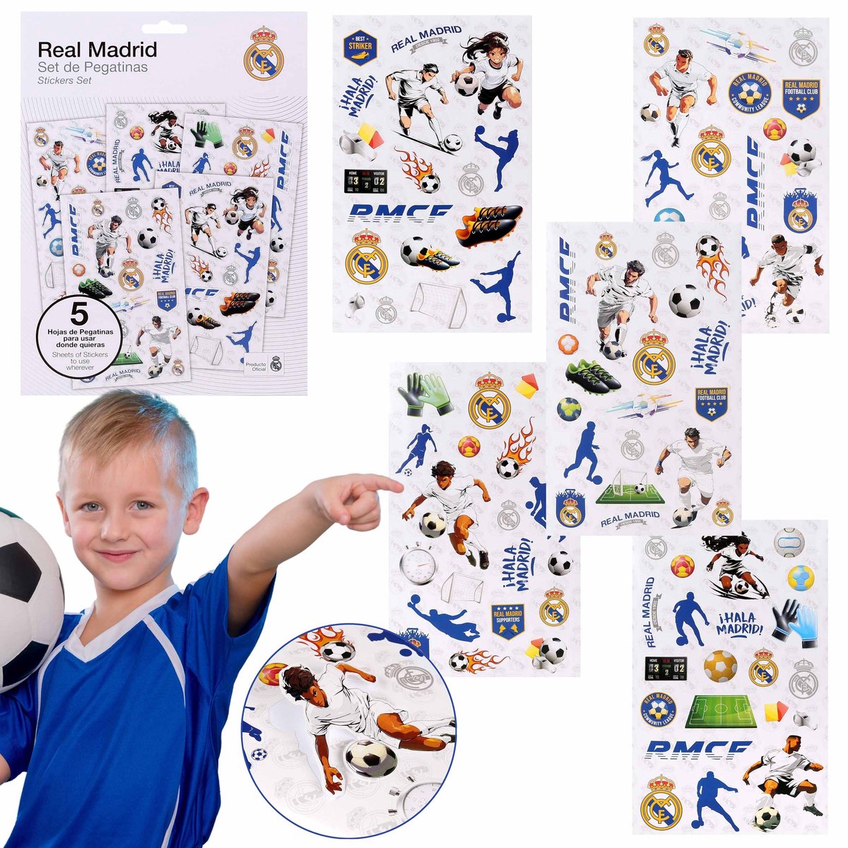 Real Madrid Kleurrijke stickerset, stickers voor kinderen, voetbal 5 vellen