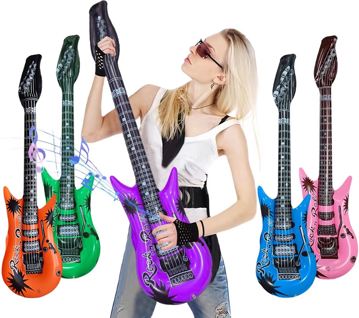 Grote opblaasbare gitaar - Set van 2 stuks - Willekeurige kleuren - Zeer sterke kwaliteit - Rock - Instrument - 95CM hoog - Mega cadeau - Kinderen en volwassenen
