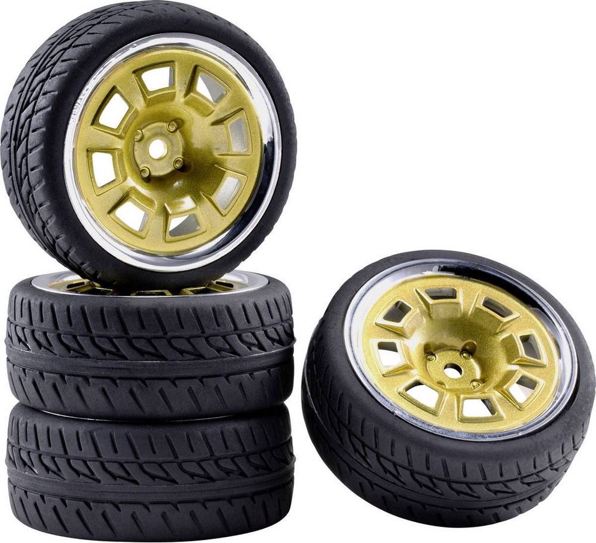 Reely 1:10 Straatmodel Complete wielen Racing Gatdesign Goud, Chroom (glanzend) 4 stuk(s)