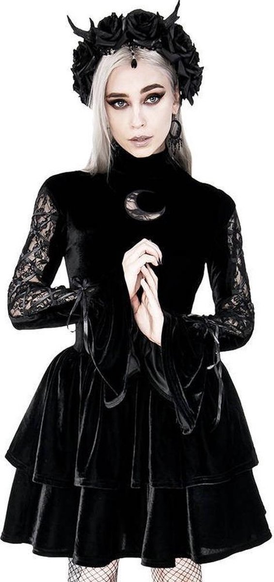 Restyle Korte jurk -L- Ruffled Velvet Victorian Gown Zwart