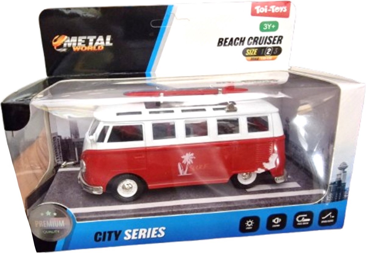 Rode pull-back Retro bus - Speelgoedvoertuig - 14 x 19 cm groot - Met licht en geluid