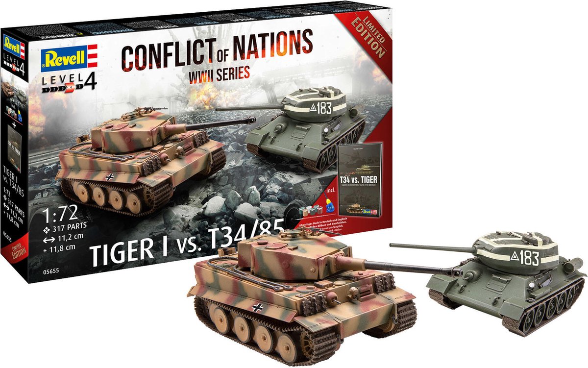   Modelbouwpakket Militaire voertuigen - 05655 Conflict of Nations WWII - Tiger I vs. T34/85 - Geschenkset met Boek Plastic - 1:72 -