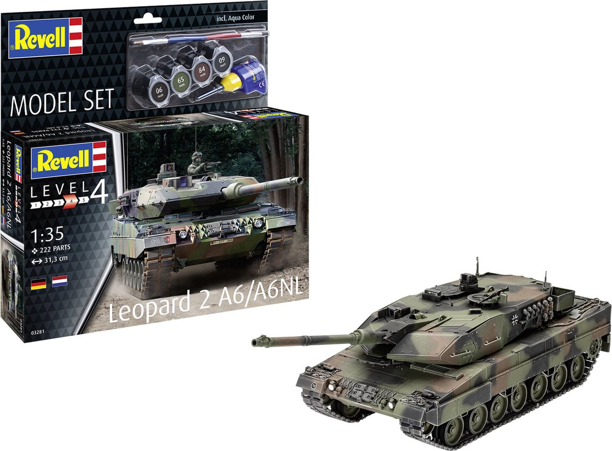   Modelbouwpakket Militaire voertuigen - 63281 Leopard 2 A6/A6NL Tank met Duitse en Nederlandse Decals - Model Set Plastic - 1:35 -