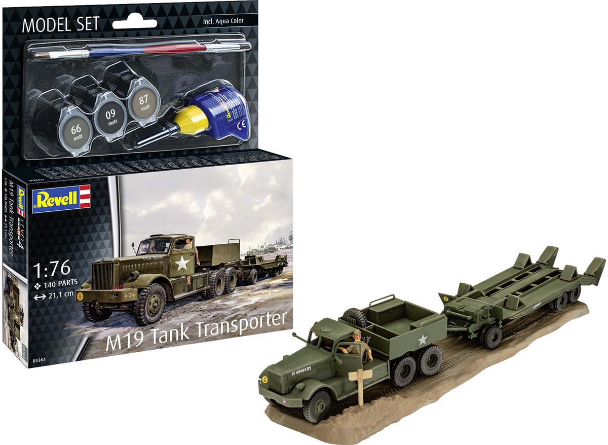   Modelbouwpakket Militaire voertuigen - 63364 M19 Tank Transporter - Militaire Vrachtwagen met Aanhanger - Model Set Plastic - 1:76 -