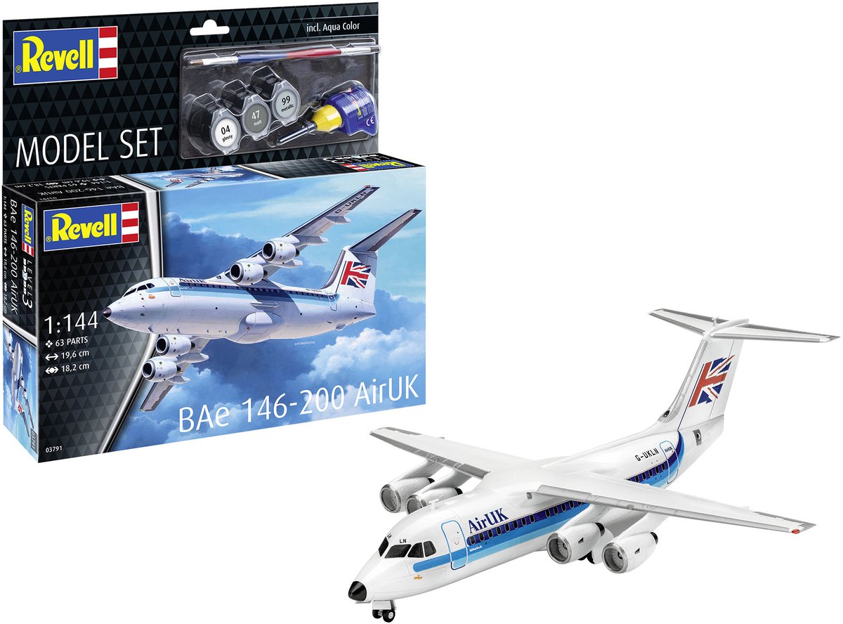   Modelbouwpakket Militaire voertuigen - 63791 Bae 146-200 (RJ85) - AirUK - Straaljager - Model Set Plastic - 1:144 -