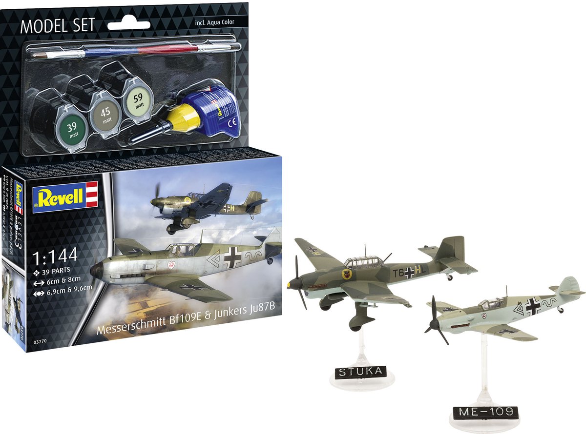   Modelbouwpakket Vliegtuigen - 63770 Messerschmitt Bf109E - Junkers Ju87B Stuka - Propeller Vliegtuigen - Model Set Plastic - 1:144 -