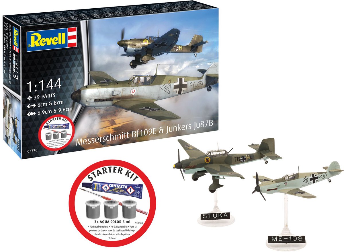   Modelbouwpakket Vliegtuigen - 73770 Messerschmitt Bf109E - Junkers Ju87B Stuka - WWII Duitse Propellervliegtuigen - Starter Kit Plastic - 1:144 -