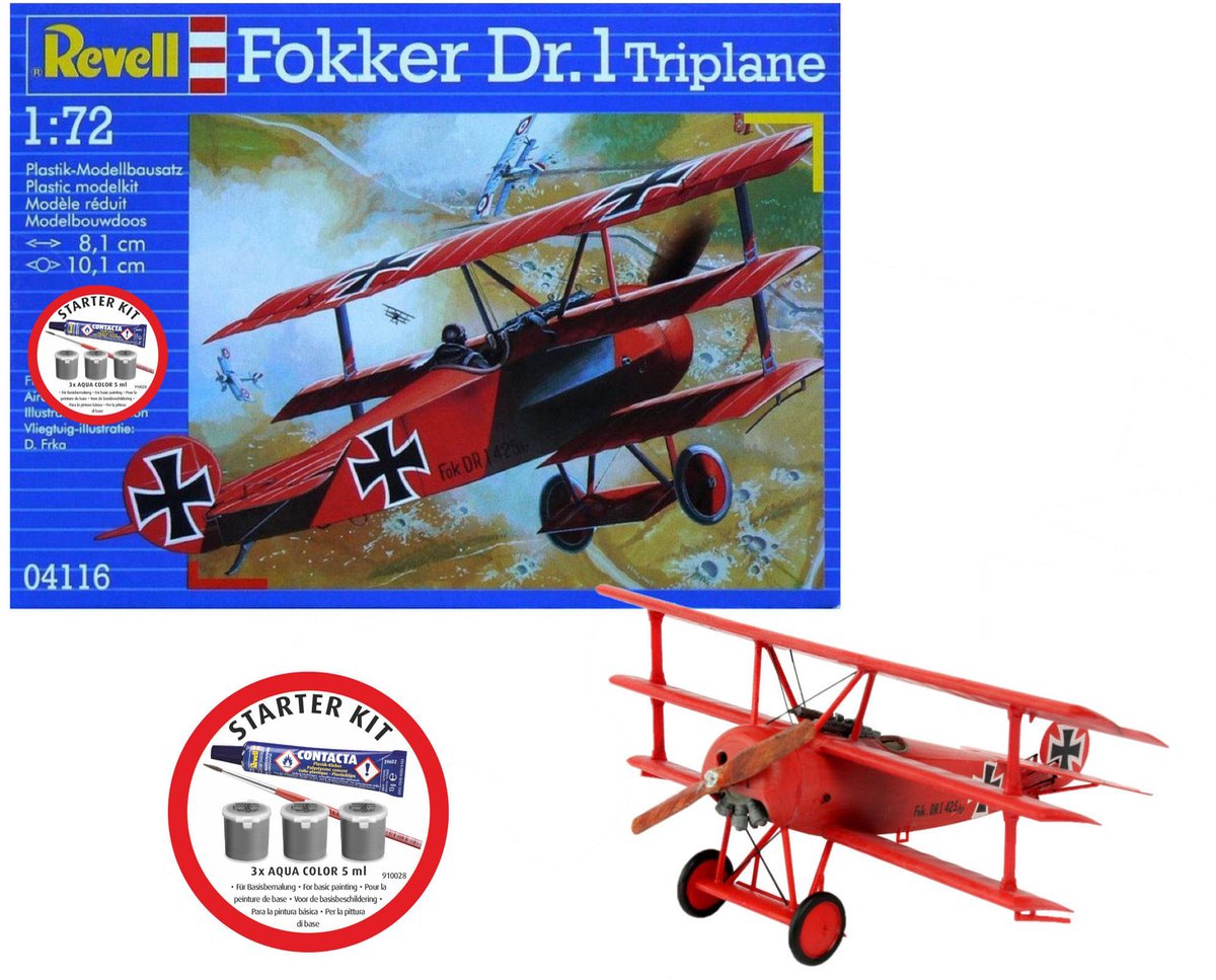   Modelbouwpakket Vliegtuigen - 74116 Fokker Dr.1 Triplane - WWI Duits Gevechtsvliegtuig - Propellervliegtuig - Starter Kit Plastic - 1:72 -