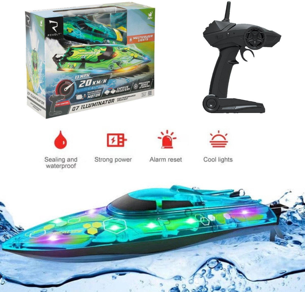 Revolt RC Boot met Verlichting - 20 km/u - Afstandsbestuurbare Illuminator Q7 High Speed Boat - Syma Speedboot - USB-Oplaadbaar