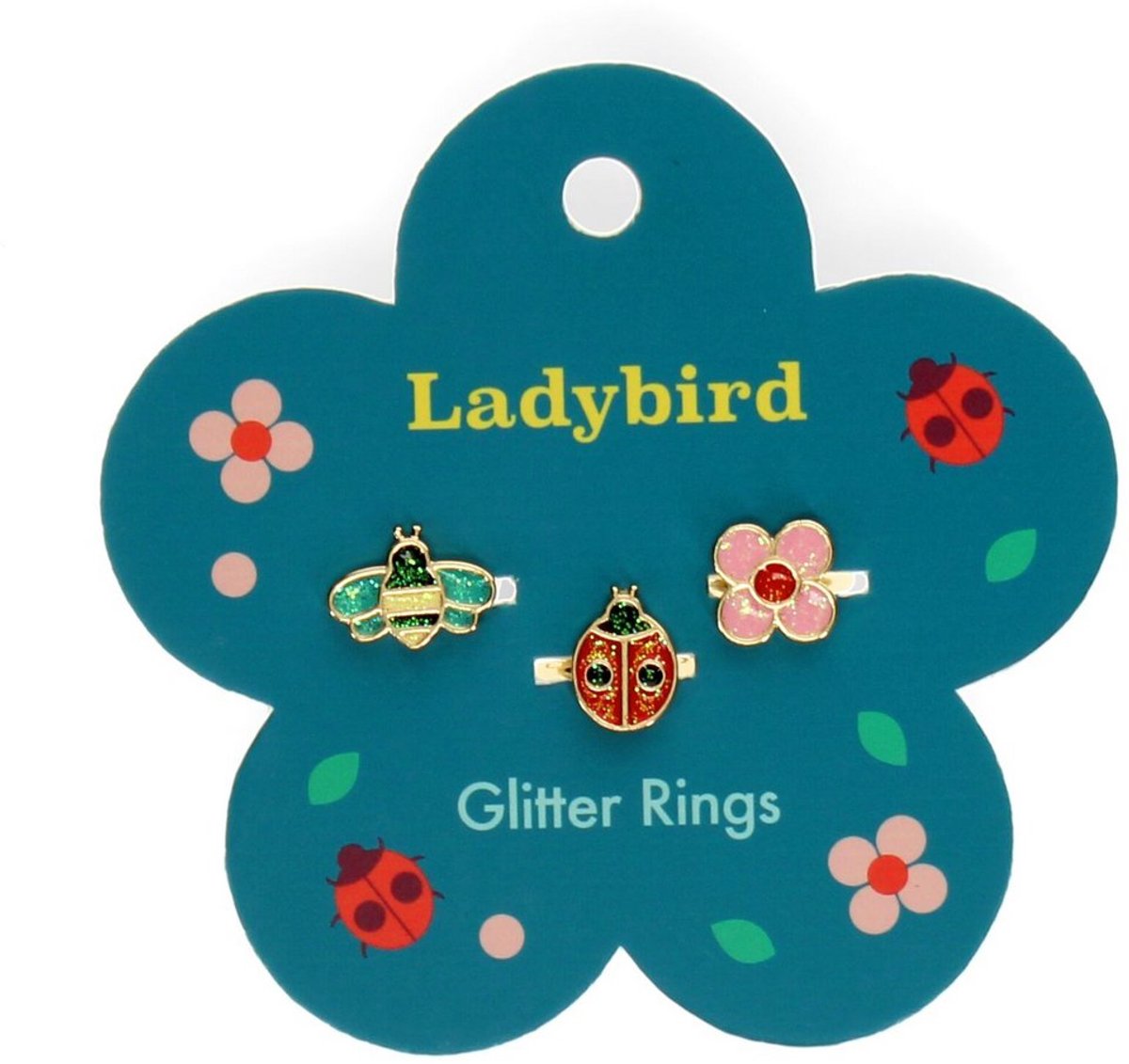   Kinderringen Set van 3 – Glitter Lieveheersbeestje, Bij & Bloem – Verstelbaar – Cadeau Meisjes 4-12 jaar