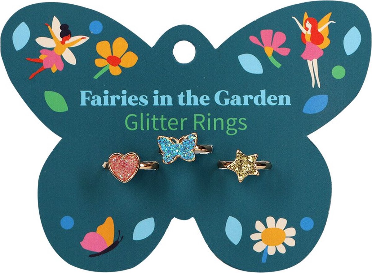   Kinderringen Set van 3 – Goudkleurige Glitter-Feëen Ringen – Verstelbaar – Cadeau Meisjes 4-12 jaar – Fairies in the Garden
