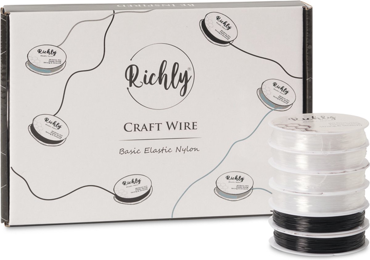 Richly® Elastisch nylondraad - Transparant & Zwart - Kralen - Hobby & knutseldraad - Elastisch draad voor kralen en sieraden maken - Rijgdraad - 6 stuks (Ø0.8mm, 10m)
