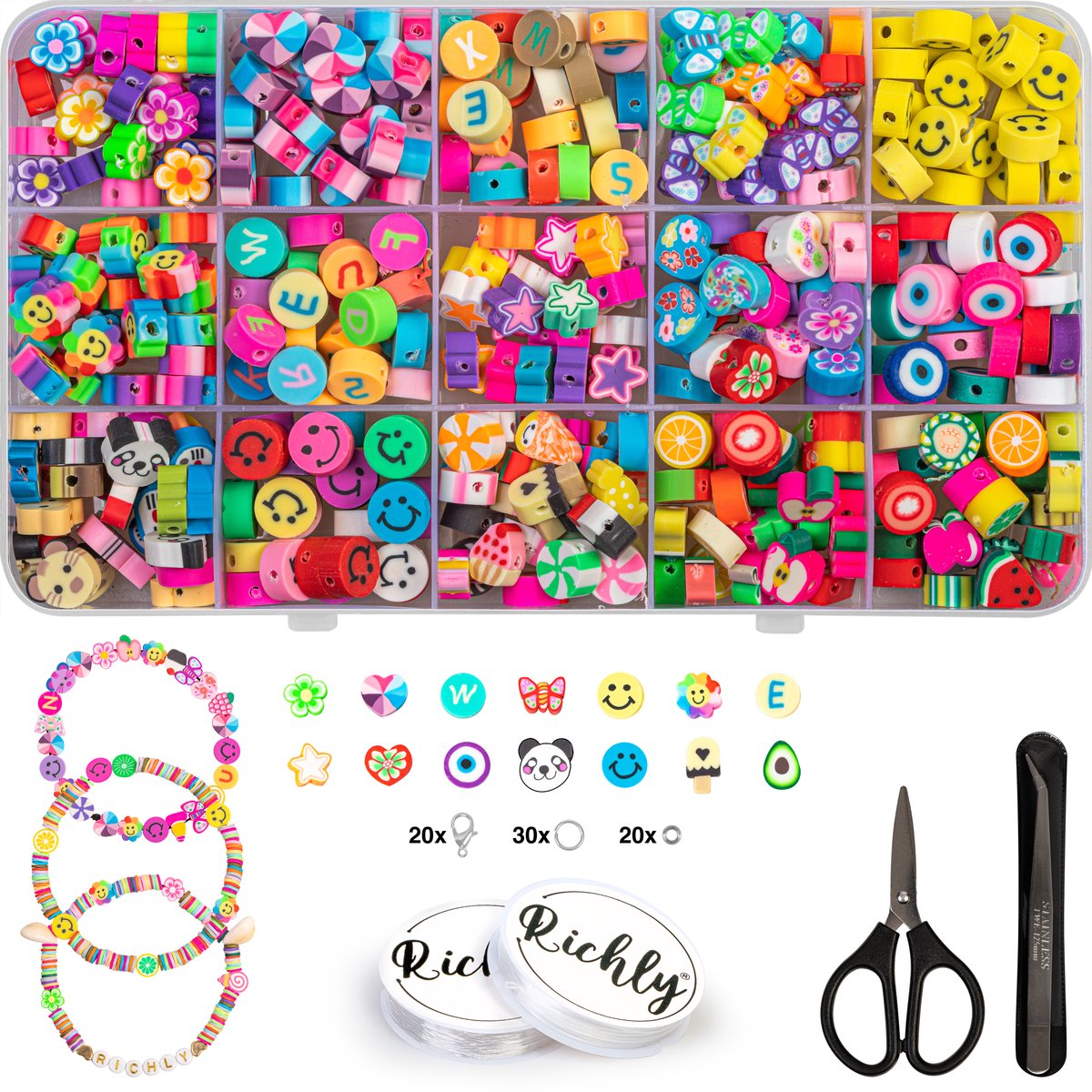 Richly® Kralen Set Happy Kit - Polymeer Kralen - De Leukste Figuurkralen - Kralenset Sieraden Maken - Kralenketting Telefoon Meisjes & Dames - Kralendoos - Telefoonkoord - Smiley Kralen - Kralen Polymeer