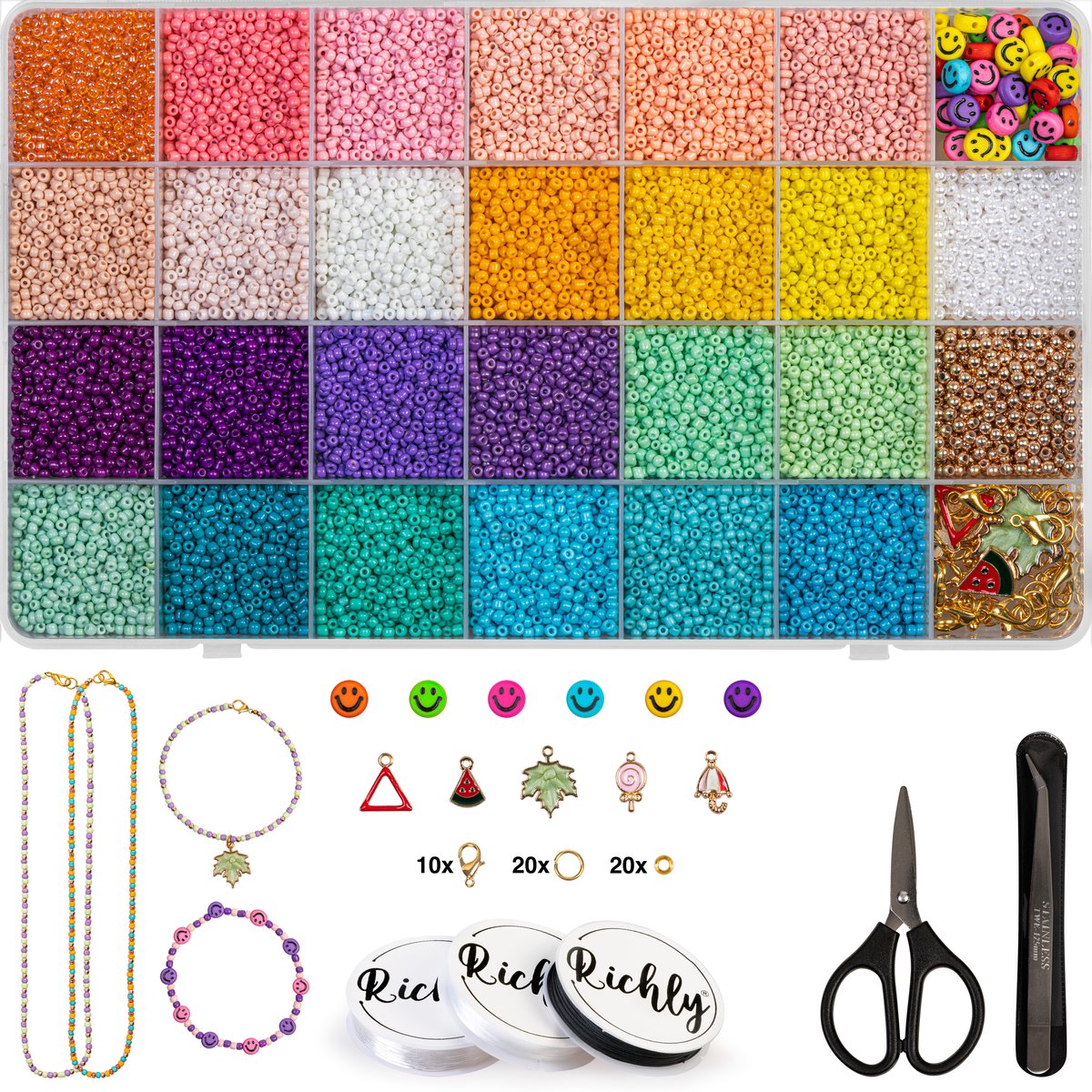 Richly® Kralen Set Play Kit - Kralenset Sieraden Maken - 2mm - Kralenketting Telefoon Meisjes & Dames - Rocailles Glaskralen Set - Bedels - Kralendoos – Telefoonkoord - Armbandjes Maken met Kraaltjes - Parels Kralen - Smiley Kralen
