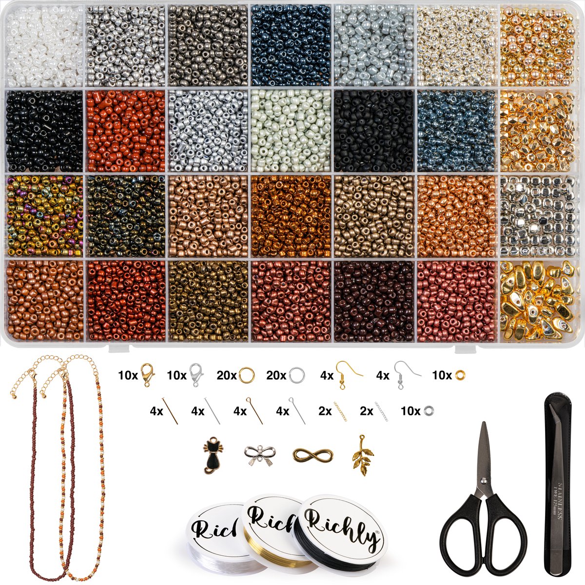 Richly® Luxe Kralen set - Luxurious Kit - Goud/Zilver - Sieraden maken - Kralenset Rocailles - Kralenketting Telefoon Meisjes & Dames -  Glaskralen Set - Bedels - Kralendoos - Telefoonkoord - Armbandjes Maken met Kraaltjes - Gouden Parels Kralen