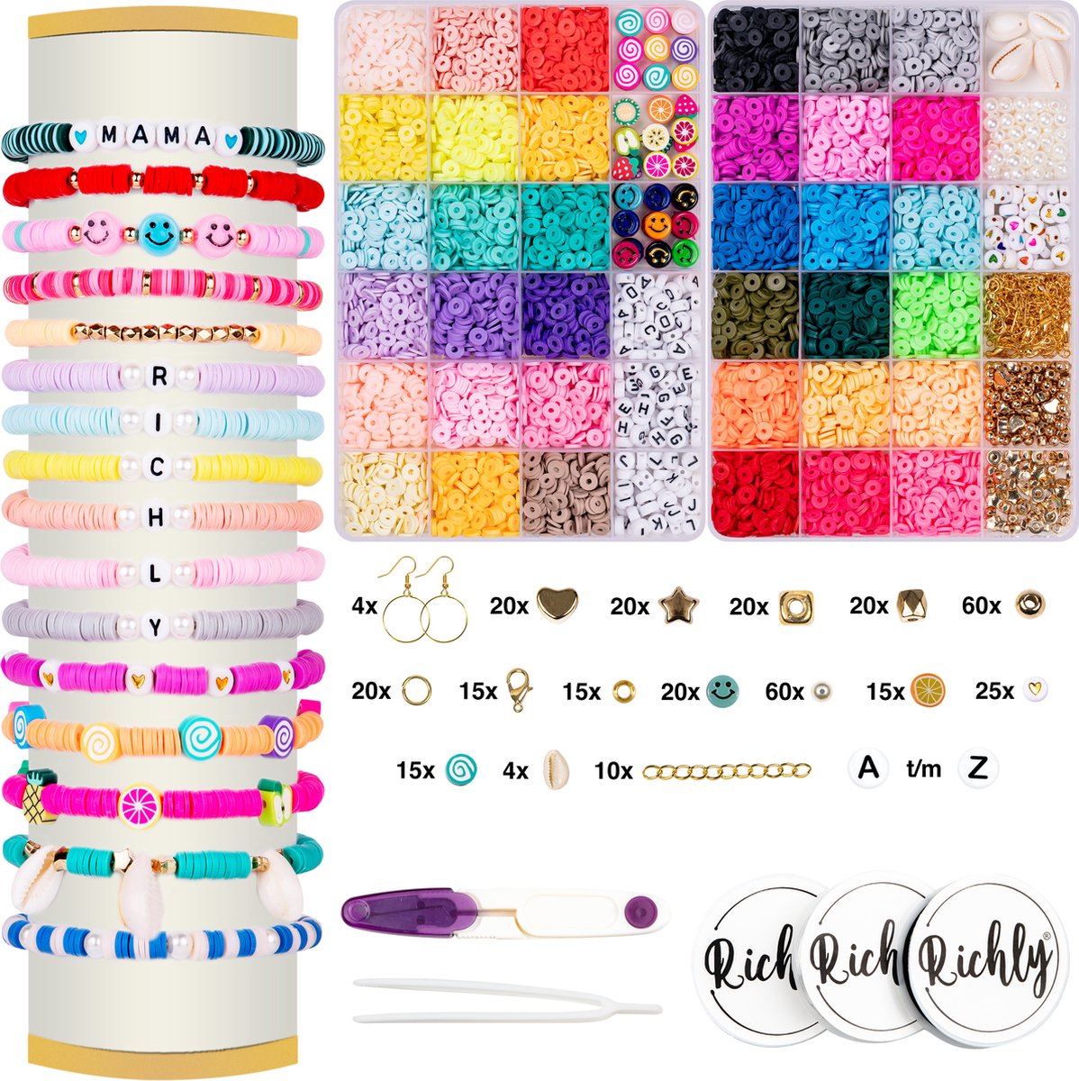 XXL Katsuki Kralen Set - inclusief E-BOOK - sieraden armbandjes maken meisjes & dames - Katsuki Kralen - Smiley Kralen - Bedels - Letterkralen - Sieraden Maken - Armbandjes Maken - Kralendoos - Platte Kralen