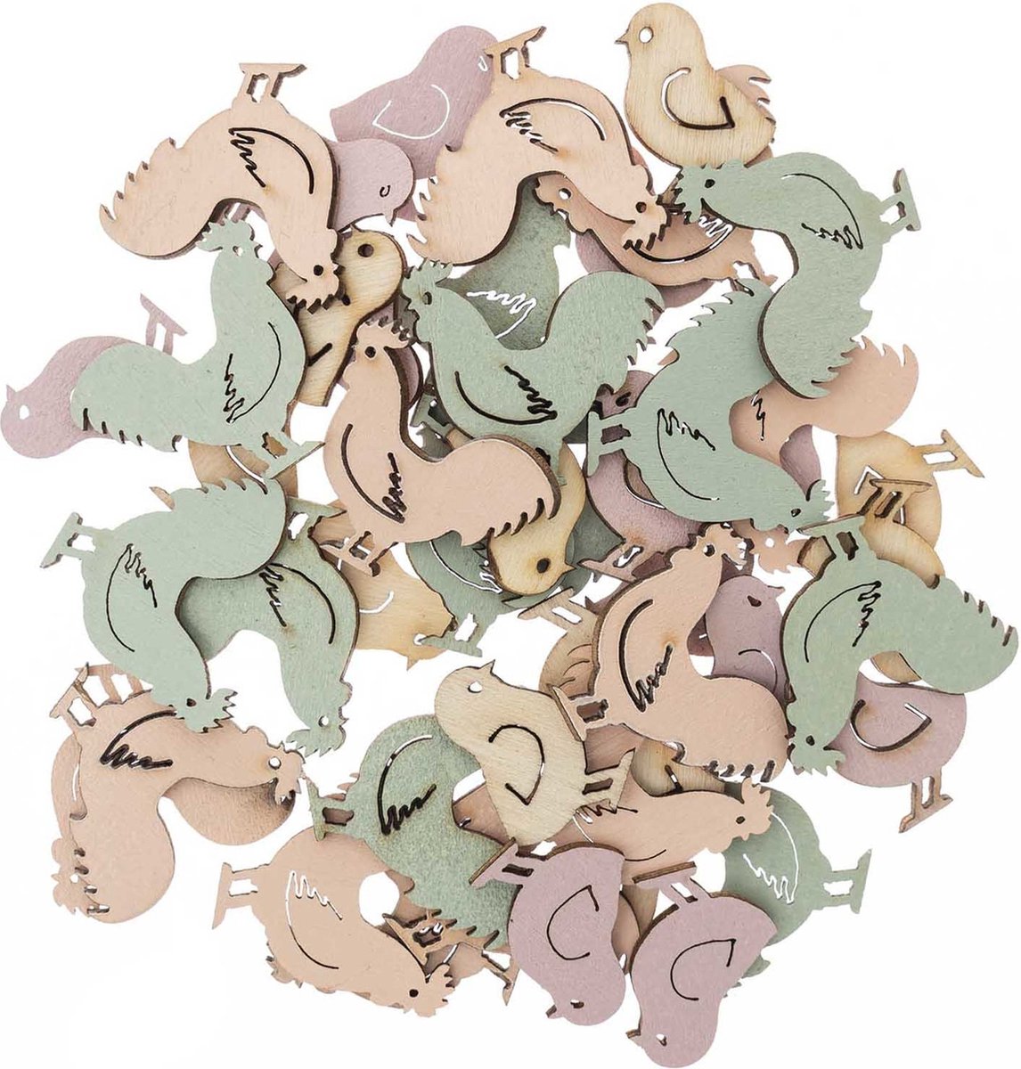 Ohhh! Lovely! houten strooigoed haan & kuikens pastel 48 stuks.