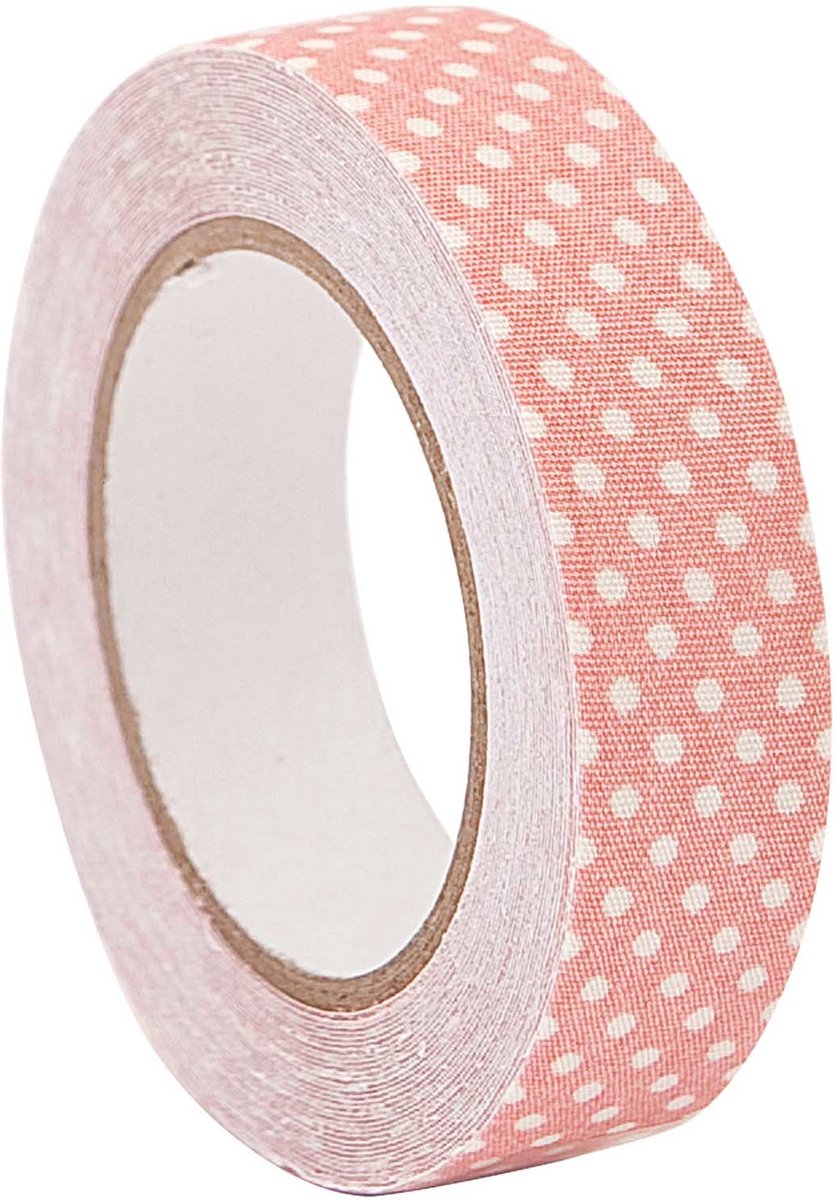 RICO DESIGN PATCHWORK FAMILY ZELFKLEVENDE STOF TAPE ROZE/WIT GESTIPPELD 15mm X 2,5m