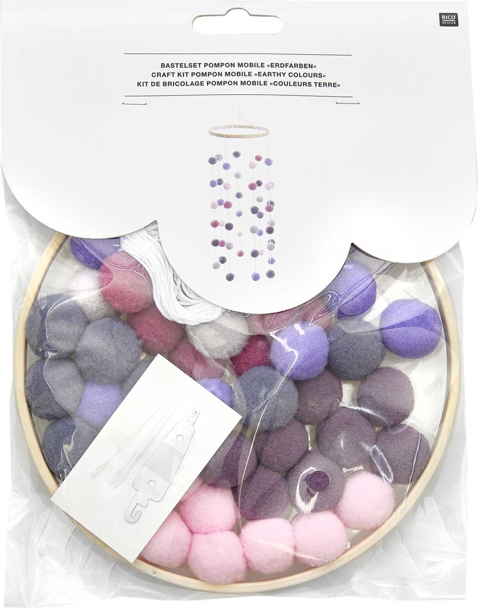 Rico Design - Knutselset - Hanger - Mobiel - Met 48 Pompoms - Grijs/Roze/Lila
