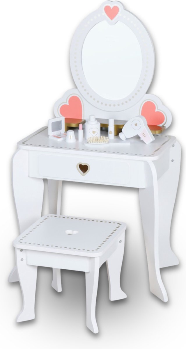 Rijoka Houten Kaptafel Met Krukje en Spiegel – Make-up Dresser – 49x34x97cm – Wit