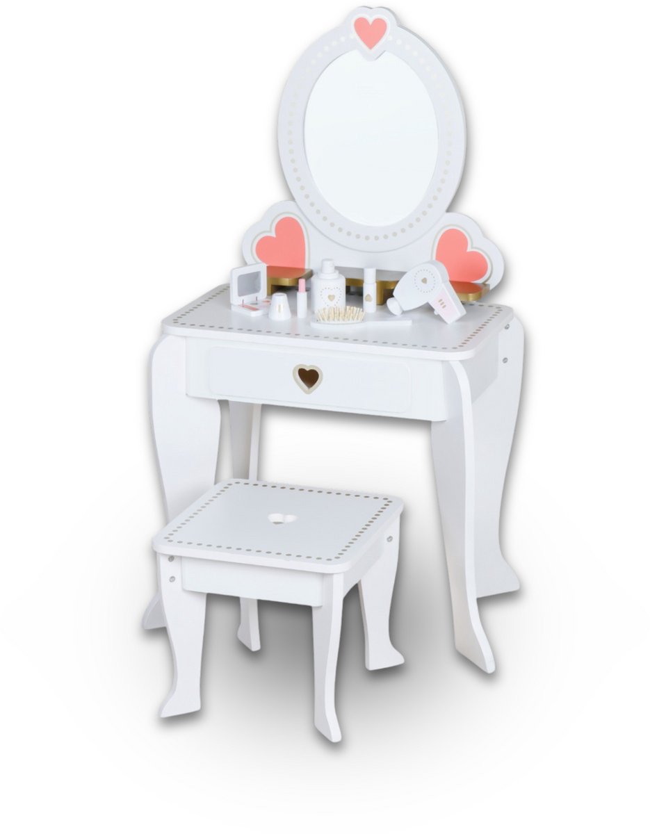 Rijoka Houten Kaptafel Met Krukje en Spiegel – Make-up Dresser – 49x34x97cm – Wit