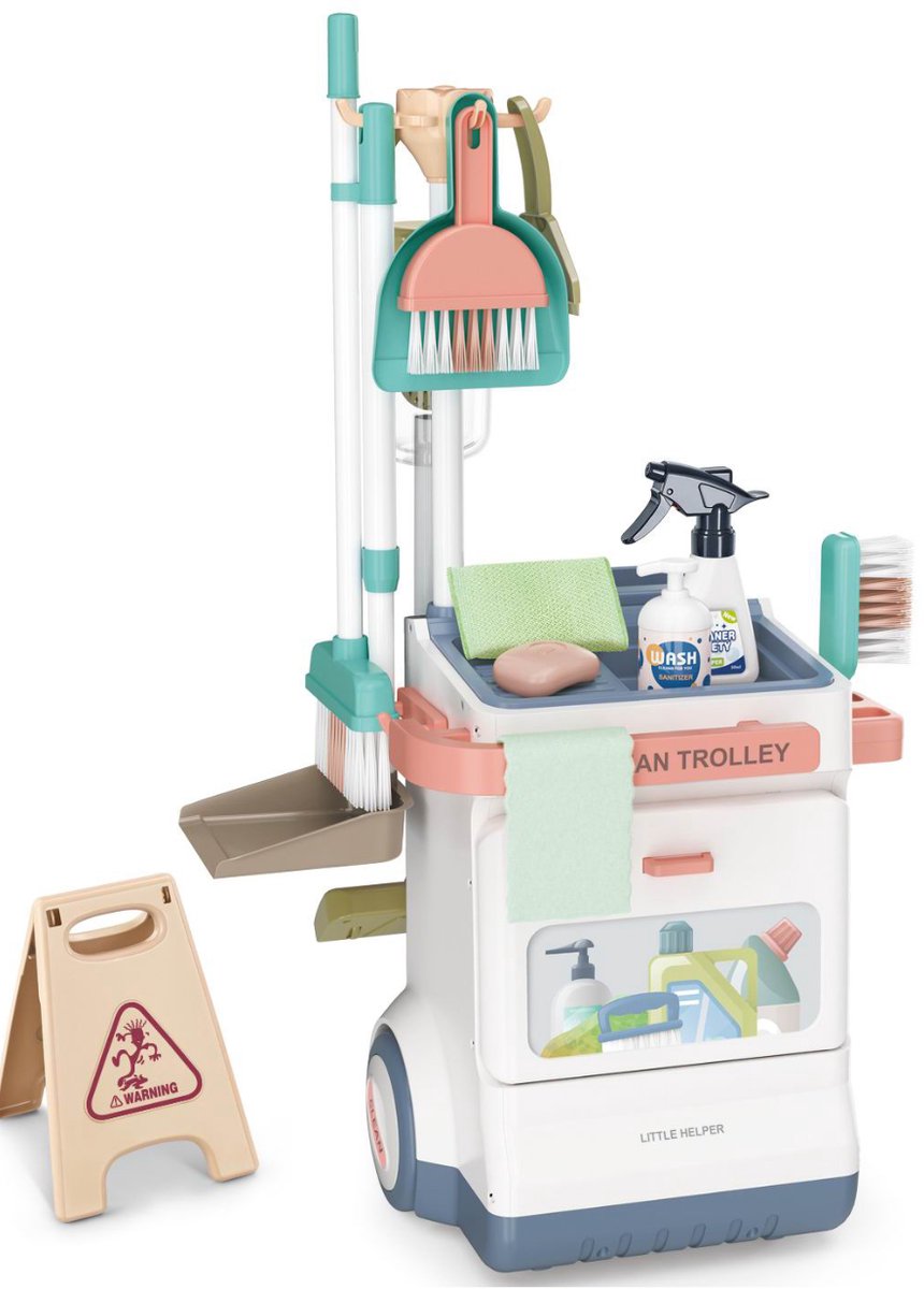 Rijoka Schoonmaaktrolley – Speelgoed Stofzuiger – Schoonmaakkar – Schoonmaakset – Poetswagen – Poetskar - 34x31x71CM