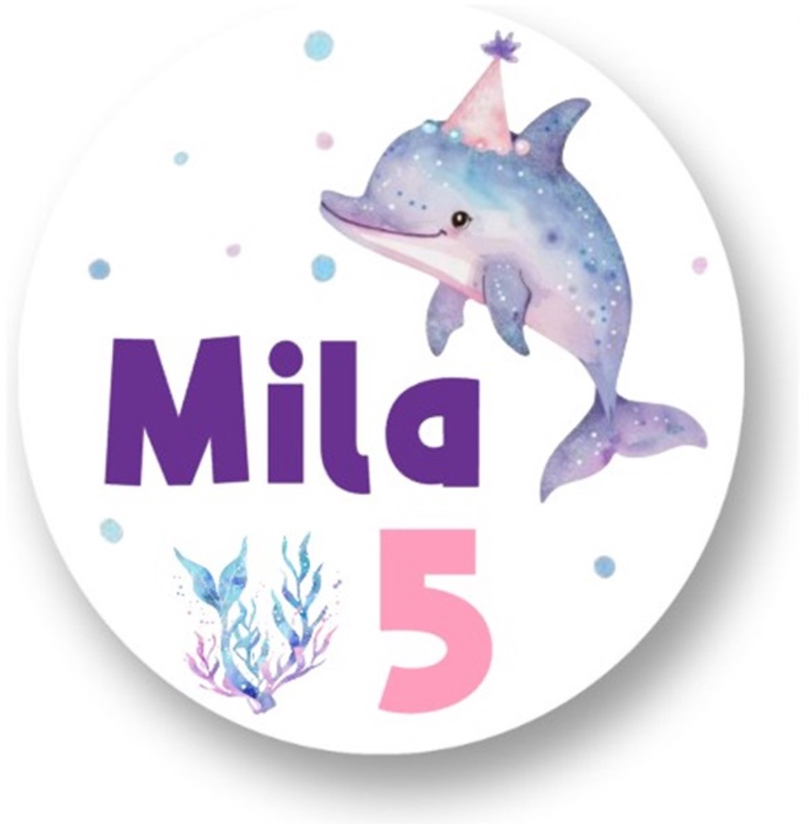 20x Traktatiestickers Met Naam en Leeftijd - Dolfijn - Gepersonaliseerd - Dolphin - Sluitstickers - Kinderfeest Traktatie - Uitdelen - Uitdeeltraktatie - Wensetiket - Rond - 40mm - Glossy sticker - Uitdeeltraktatie - Kinderfeest