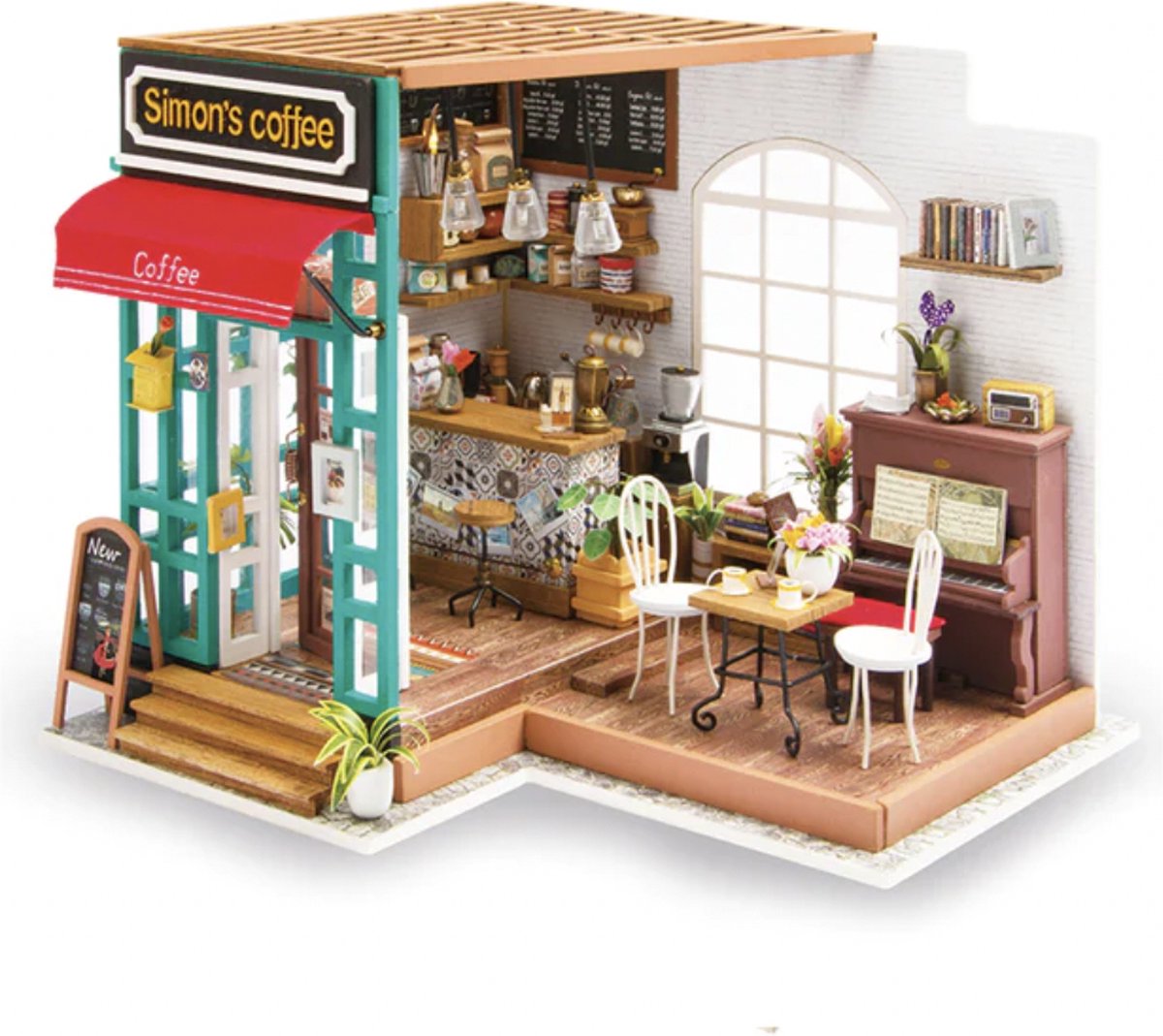 Robotime - Miniatuur bouwpakket - Simons Coffee Corner - Hout/Papier/Kunststof - Met lampje - Houten modelbouw - Modelbouw - DIY - Hout 3D puzzel - Tieners - Volwassenen - Diorama