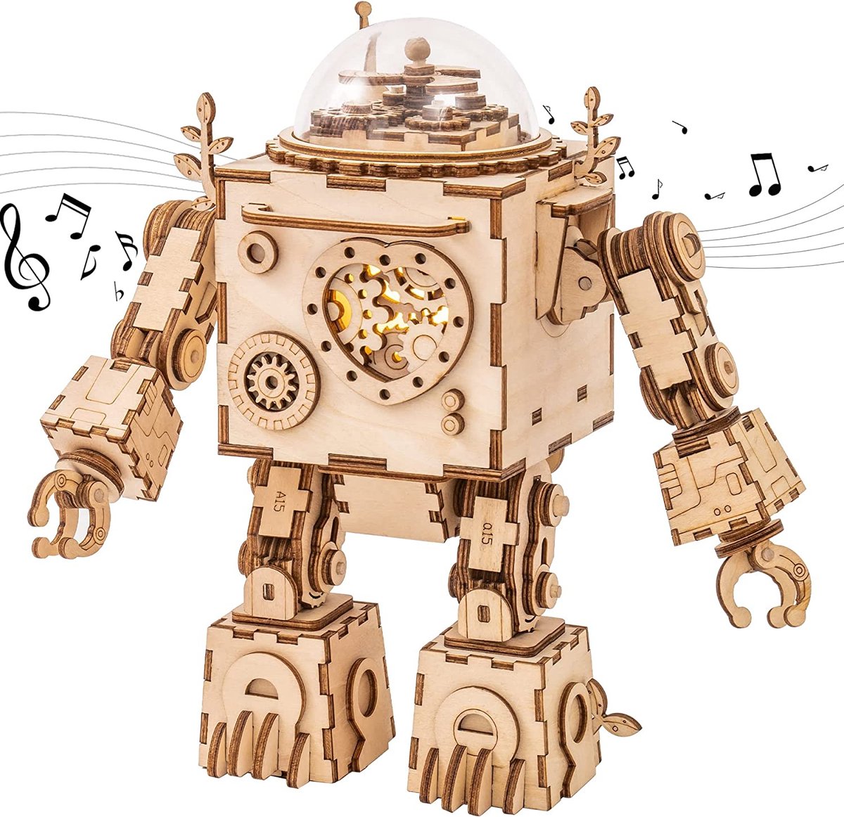 Robotime 3d Hout Puzzel DIY Houten Mechanisme Muziekdoos Bouwpakket -Houten Modelbouwset-Verjaardag, voor Kinderen en Volwassenen (Robot)