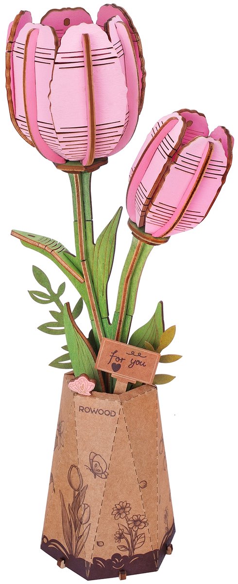 Robotime Pink Tulip - Roze Tulp - TW082 - Rowood - Bloem - Knutselen - Bouwpakket - Creatief