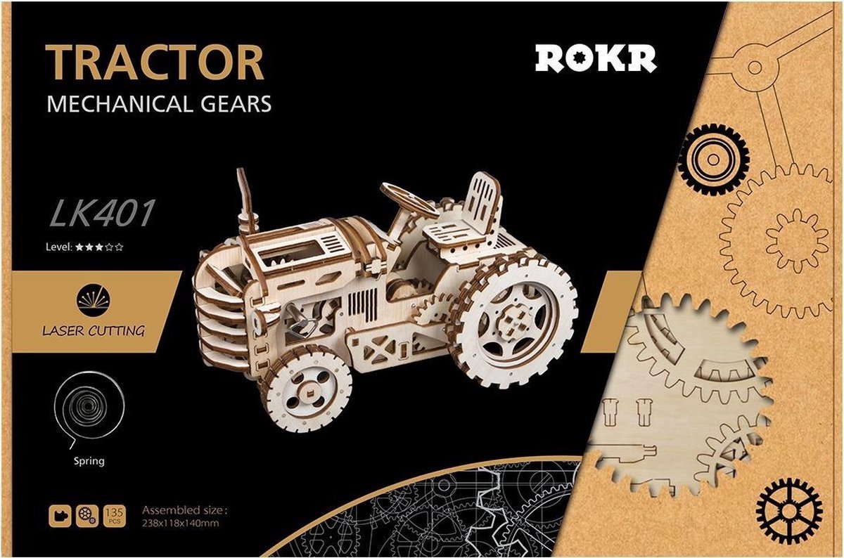 Robotime Tractor Modelbouwset Mechanisch Opwindbaar - Rijdt en stuurt Echt! - DIY Houten Modelbouw voor Jongeren/Volwassenen - Modelbouwpakket LK401 voor Jong en Oud - 135-Delig