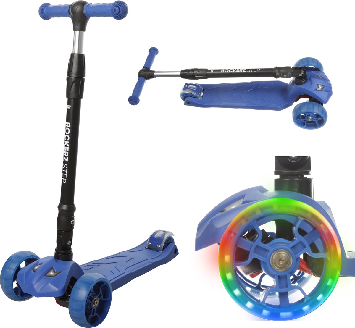 Kinderstep - Step - Inklapbaar  - Met lichtgevende wielen - In 4 hoogtes verstelbaar - 75° graden stuurbeweging - Ontwikkelt balans en coördinatie - 5+ jaar - Merk: Rockerz Outdoor - Kleur: Blauw