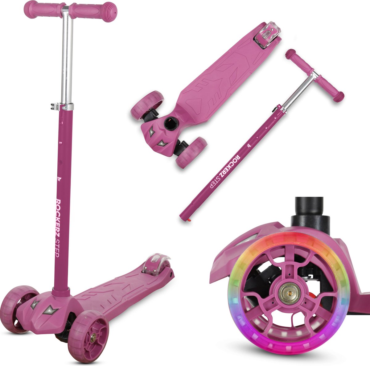 Rockerz Kinderstep met lichtgevende wielen - Step In 4 hoogtes verstelbaar - Veilig en stabiel steppen - Uniek design - 3-8 jaar - Mauve