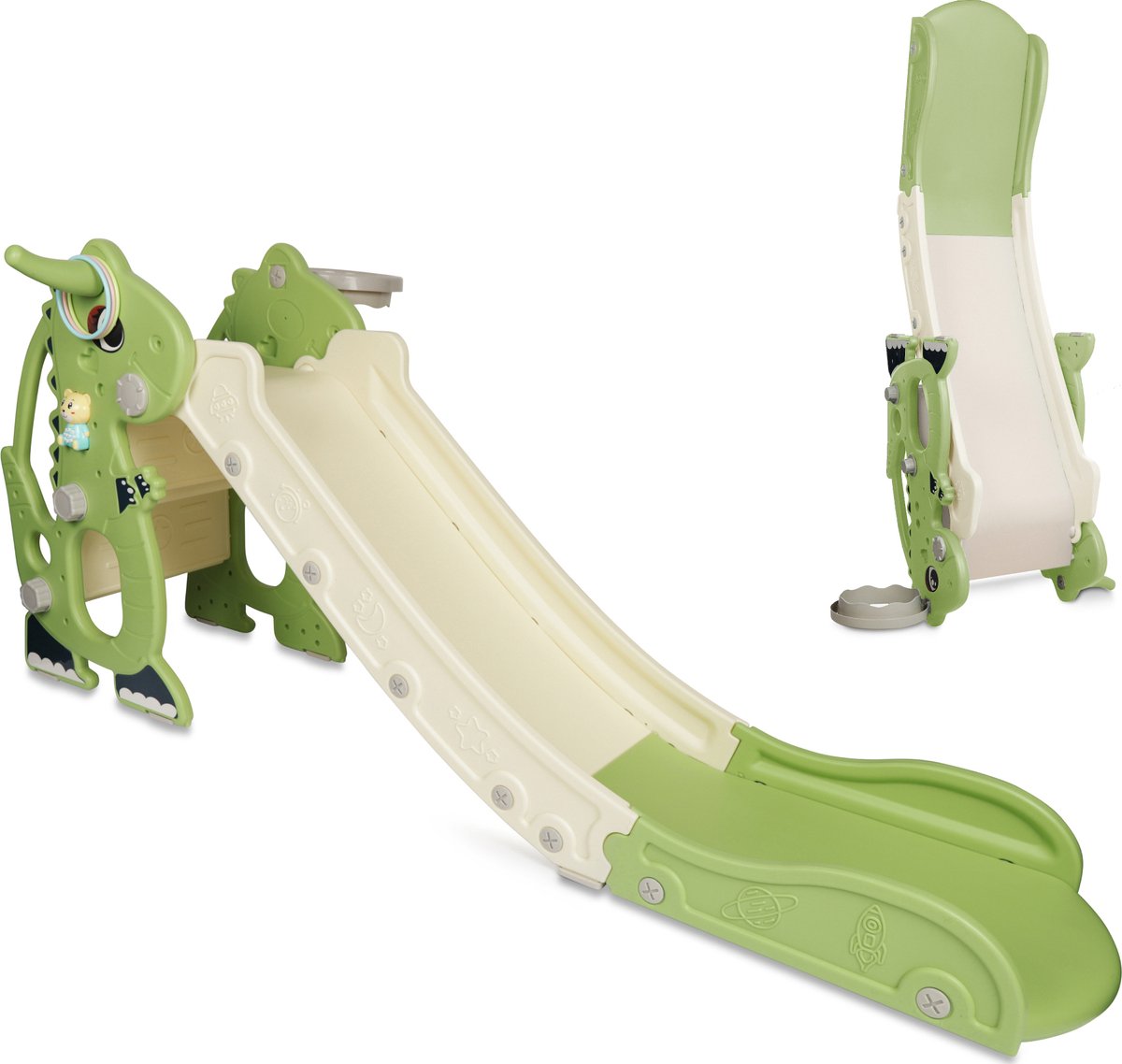   Premium   - Voor binnen en buiten - Speelplezier gegarandeerd - Opvouwbaar - Veilige dichte trap - Ringen spel - Basketbal ring (inclusief bal) - Muziek beertje - Kleur: Lichtgroen
