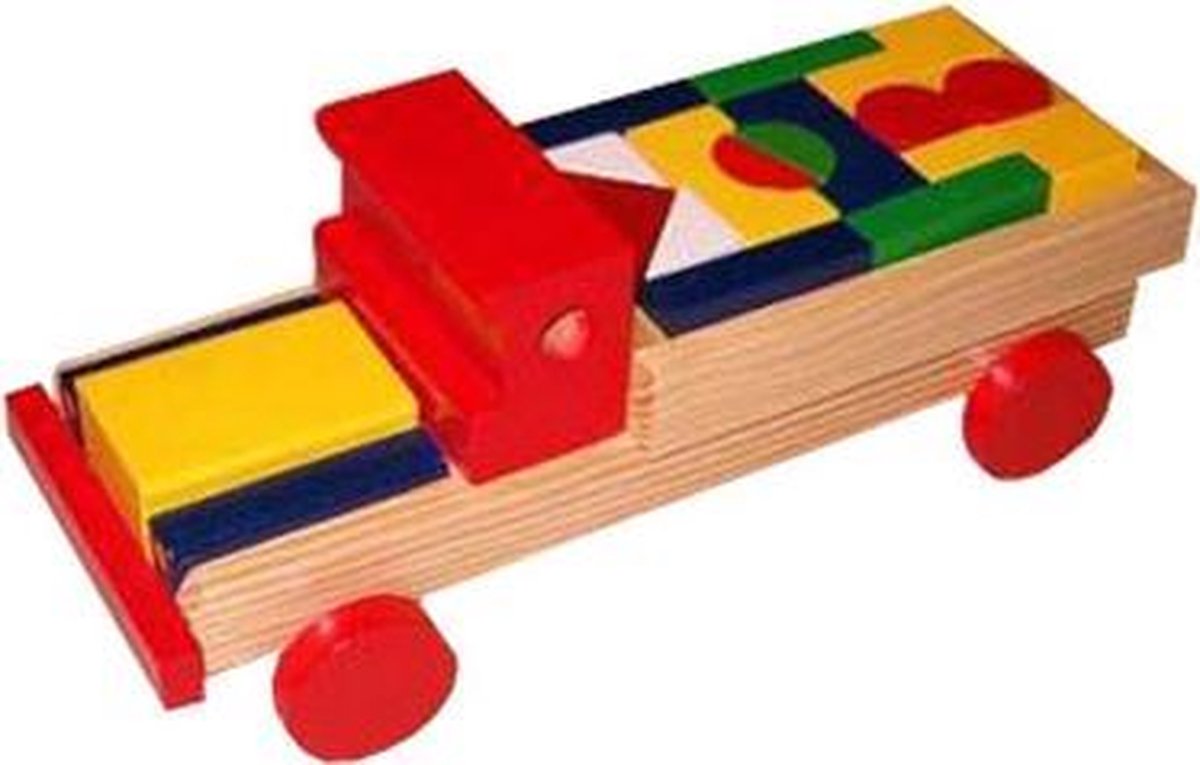 Houten blokkenauto met gekleurde blokken
