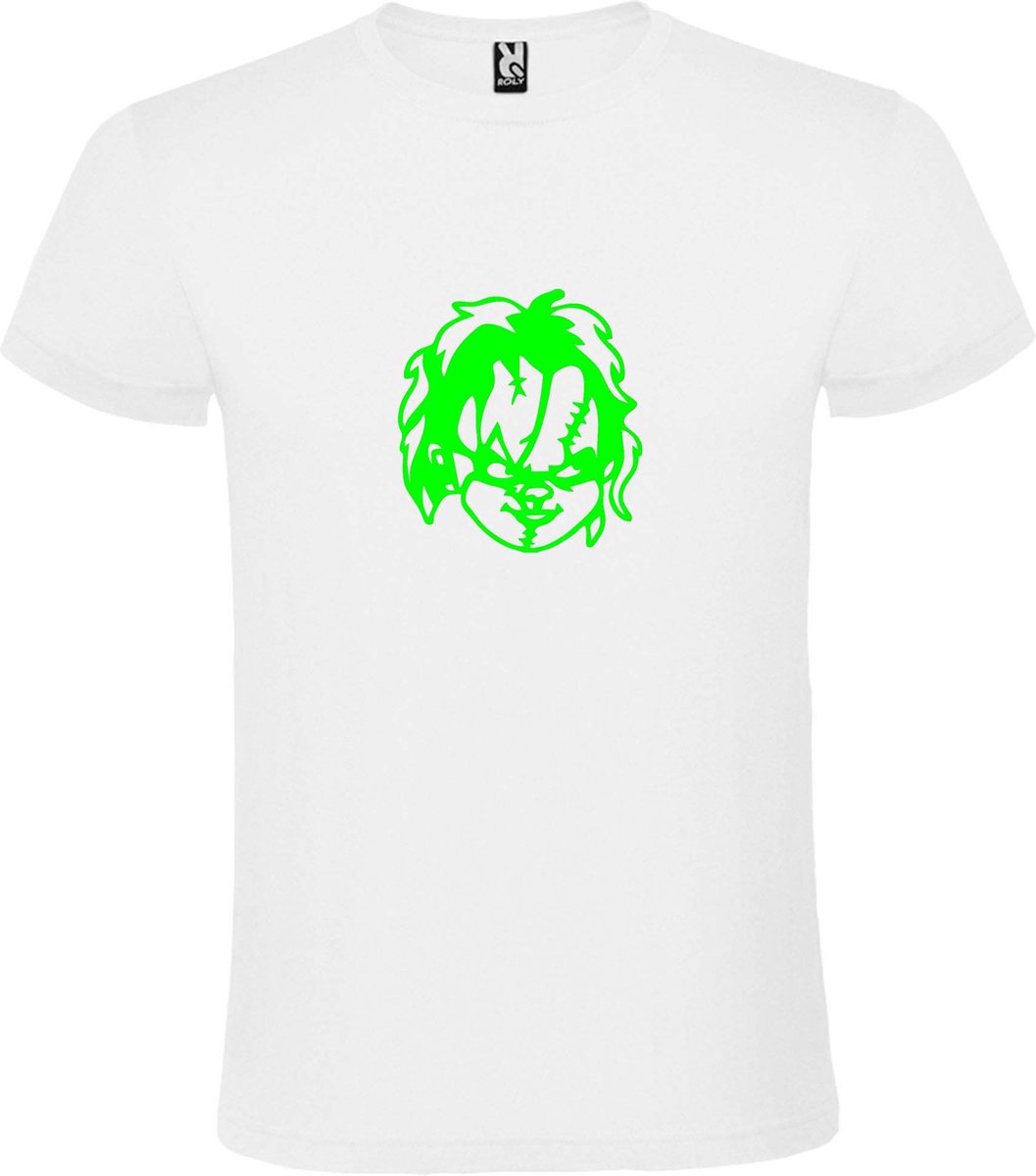 Wit T-Shirt met “ Halloween Chucky “ afbeelding Neon Groen Size XXXXL