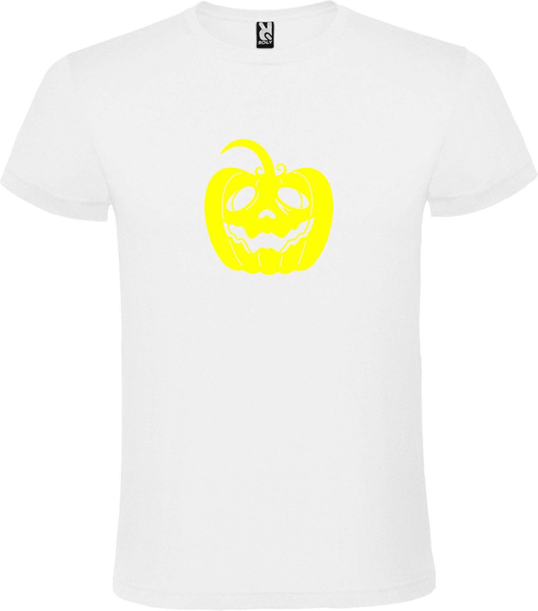 Wit T-Shirt met “ Halloween Pompoen “ afbeelding Neon Geel Size XXXXXL