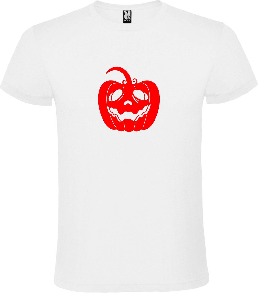 Wit T-Shirt met “ Halloween Pompoen “ afbeelding Rood Size M