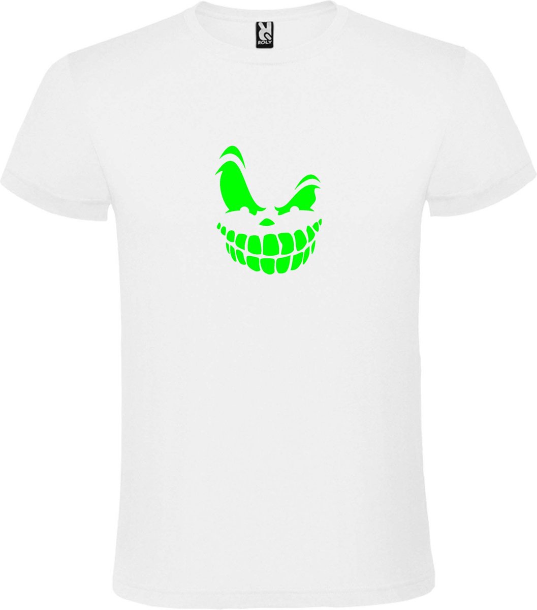 Wit T-Shirt met “ Halloween Spooky Face “ afbeelding Neon Groen Size XXXXXL