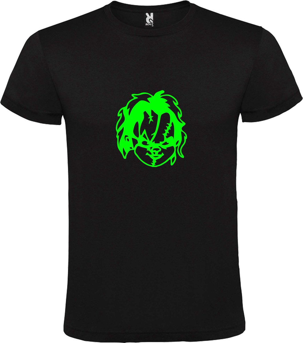 Zwart T-Shirt met “ Halloween Chucky “ afbeelding Neon Groen Size XS