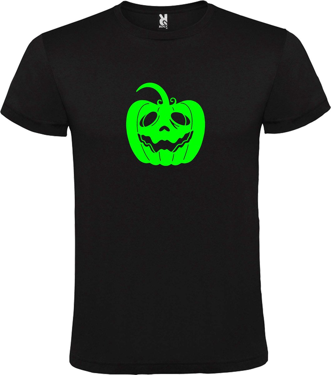 Zwart T-Shirt met “ Halloween Pompoen “ afbeelding Neon Groen Size XXXXL