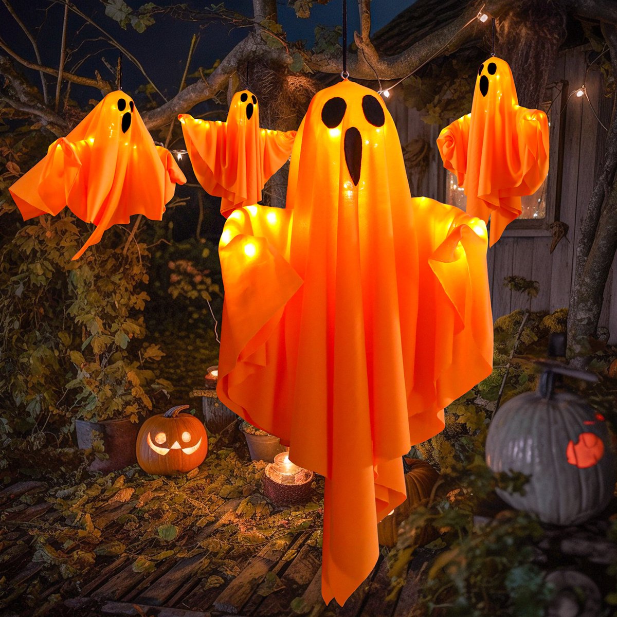 Rosnek 4 stuks Halloween Hangende Spook met Licht - Verlichting op batterijen - 3 Lichtmodi - 50cm x 40cm - Halloween Decoratie voor Buiten Tuin Portiek - Oranje
